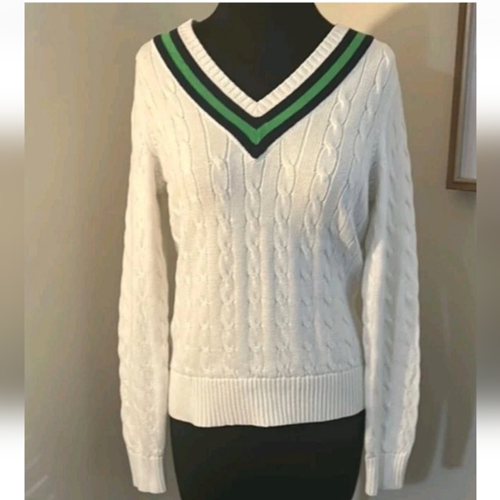 Lauren Ralph Lauren cable knit cricket sweater preppy v neck Large Green VTG